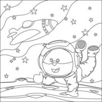 Vector children's coloring book. Cute animal astronaut flies in space. Around the star and planet. Children's coloring book