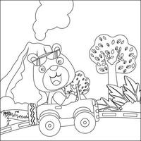 Cute little animal driving a car go to forest funny animal cartoon,  Trendy children graphic with Line Art Design Hand Drawing Sketch Vector illustration For Adult And Kids Coloring Book.