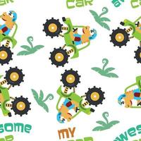 Seamless pattern of dinosaurs riding monster truck with cartoon style. Creative vector childish background for fabric textile, nursery background, baby clothes, wrapping paper and other decoration