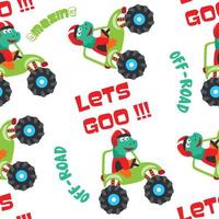 Seamless pattern of dinosaurs riding monster truck with cartoon style. Creative vector childish background for fabric textile, nursery background, baby clothes, wrapping paper and other decoration