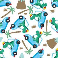 Seamless pattern of cute dinosaur driving a car go to forest vector