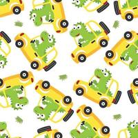 Seamless pattern of cute dinosaur driving a car go to forest vector