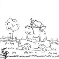 Cute little horse driving a car go to forest funny animal cartoon,  Trendy children graphic with Line Art Design Hand Drawing Sketch Vector illustration For Adult And Kids Coloring Book.