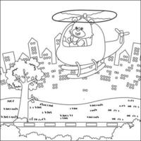 Creative vector childish Illustration of a cute little fox on a helicopter. Childish design for kids activity coloring book or page.