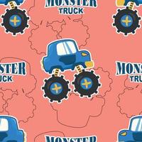 Seamless pattern vector of monster truck with cartoon style. For fabric textile, nursery, baby clothes, background, textile, wrapping paper and other decoration.