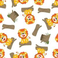 Seamless pattern of funny tiger sit on tree trunk. Creative vector childish background for fabric textile, nursery wallpaper, brochure. and other decoration.