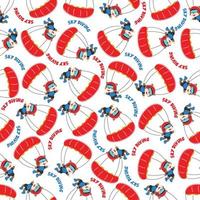 Seamless vector pattern with cute little fox skydiver, Design concept for kids textile print, nursery wallpaper, wrapping paper. Cute funny background.