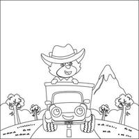 Vector illustration of cute little animal on a truck go to forest, Cartoon isolated vector illustration, Creative vector Childish design for kids activity colouring book or page.