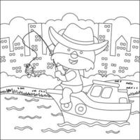 Funny animal  cartoon vector on little boat with cartoon style, Trendy children graphic with Line Art Design Hand Drawing Sketch For Adult And Kids Coloring book or page