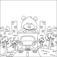 Vector illustration of cute little animal on a truck go to forest, Cartoon isolated vector illustration, Creative vector Childish design for kids activity colouring book or page.
