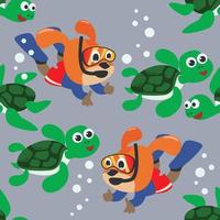 Seamless pattern texture with little turtle and lion are swim in  underwater. For fabric textile, nursery, baby clothes, background, textile, wrapping paper and other decoration. vector