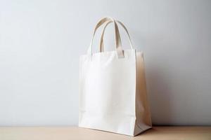 Blank canvas tote bag mockup in white eco friendly design with copy space. Concepts for zero waste movement of shopping bags photo