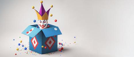 Jack in the Box with confetti, jester hat. April fool day concept with box surprise. Banner 3D illustration with a copy of the place for the text photo