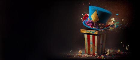 Jack in the Box with confetti, jester hat. April fool day concept with box surprise. Banner 3D illustration with a copy of the place for the text photo