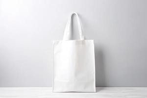 Blank canvas tote bag mockup in white eco friendly design with copy space. Concepts for zero waste movement of shopping bags photo