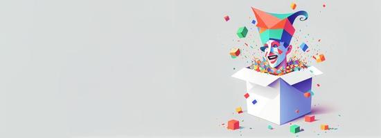 Jack in the Box with confetti, jester hat. April fool day concept with box surprise. Banner 3D illustration with a copy of the place for the text photo