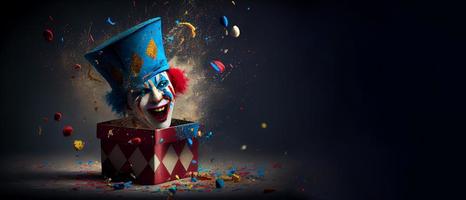Jack in the Box with confetti, jester hat. April fool day concept with box surprise. Banner 3D illustration with a copy of the place for the text photo