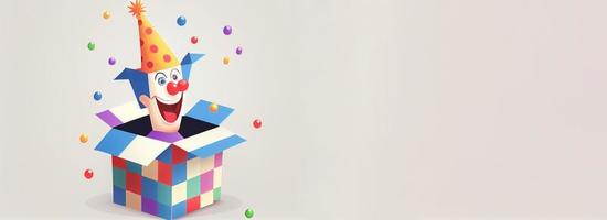 Jack in the Box with confetti, jester hat. April fool day concept with box surprise. Banner 3D illustration with a copy of the place for the text photo