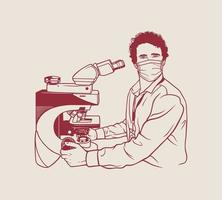 Male doctor wearing a mask using a microscope in the laboratory. Vector illustration