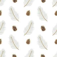 Fluffy coniferous twigs with beautiful cones. Elegant floral seamless pattern. vector