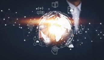 virtual Global Internet connection metaverse concept, Businessman using mobile smartphone, global internet connection application technology and digital marketing, Financial and banking,tech big data. photo