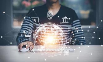virtual Global Internet connection metaverse concept, Businessman using mobile smartphone, global internet connection application technology and digital marketing, Financial and banking,tech big data. photo