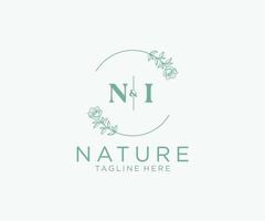 initial NI letters Botanical feminine logo template floral, editable premade monoline logo suitable, Luxury feminine wedding branding, corporate. vector