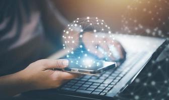Smartphone with network and data exchanges over the world 3D rendering, Metaverse, and digital world online network Business concept, Technology, and Big Data,  artificial intelligence technology. photo