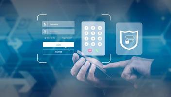 cyber security password login online concept Hands typing and entering username and password of social media, log in with smartphone to an online bank account, data protection from hacker photo