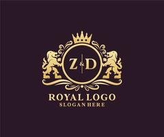 Initial ZD Letter Lion Royal Luxury Logo template in vector art for Restaurant, Royalty, Boutique, Cafe, Hotel, Heraldic, Jewelry, Fashion and other vector illustration.