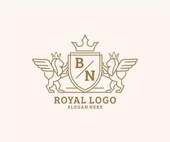 Initial BN Letter Lion Royal Luxury Heraldic,Crest Logo template in vector art for Restaurant, Royalty, Boutique, Cafe, Hotel, Heraldic, Jewelry, Fashion and other vector illustration.