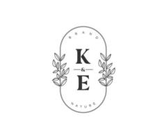 initial KE letters Beautiful floral feminine editable premade monoline logo suitable for spa salon skin hair beauty boutique and cosmetic company. vector