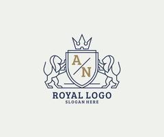 Initial AN Letter Lion Royal Luxury Logo template in vector art for Restaurant, Royalty, Boutique, Cafe, Hotel, Heraldic, Jewelry, Fashion and other vector illustration.