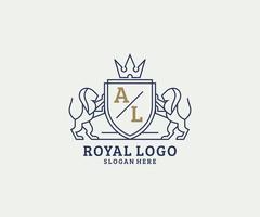 Initial AL Letter Lion Royal Luxury Logo template in vector art for Restaurant, Royalty, Boutique, Cafe, Hotel, Heraldic, Jewelry, Fashion and other vector illustration.