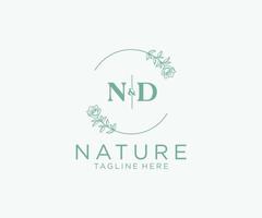 initial ND letters Botanical feminine logo template floral, editable premade monoline logo suitable, Luxury feminine wedding branding, corporate. vector