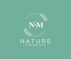 initial NM letters Botanical feminine logo template floral, editable premade monoline logo suitable, Luxury feminine wedding branding, corporate. vector