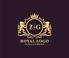 plantilla de logotipo de lujo real de león de letra zg inicial en arte vectorial para restaurante, realeza, boutique, cafetería, hotel, heráldica, joyería, moda y otras ilustraciones vectoriales. vector