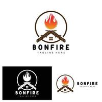 diseño de logotipo de fogata, vector de camping, fuego de madera y diseño forestal