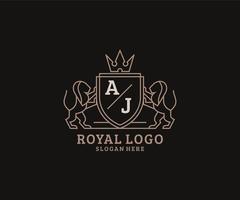 Initial AJ Letter Lion Royal Luxury Logo template in vector art for Restaurant, Royalty, Boutique, Cafe, Hotel, Heraldic, Jewelry, Fashion and other vector illustration.