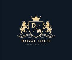 Initial DW Letter Lion Royal Luxury Heraldic,Crest Logo template in vector art for Restaurant, Royalty, Boutique, Cafe, Hotel, Heraldic, Jewelry, Fashion and other vector illustration.