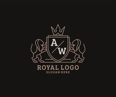 Initial AW Letter Lion Royal Luxury Logo template in vector art for Restaurant, Royalty, Boutique, Cafe, Hotel, Heraldic, Jewelry, Fashion and other vector illustration.