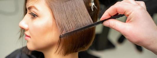 Hairdresser brushing straight female hair photo