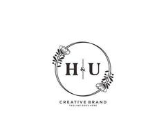 initial HU letters hand drawn feminine and floral botanical logo suitable for spa salon skin hair beauty boutique and cosmetic company. vector