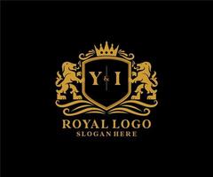 Initial YI Letter Lion Royal Luxury Logo template in vector art for Restaurant, Royalty, Boutique, Cafe, Hotel, Heraldic, Jewelry, Fashion and other vector illustration.