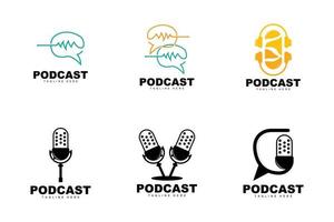 logotipo de podcast, vector, auriculares y chat, diseño de micrófono vintage simple vector