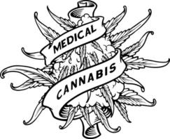 Weed leaf plant medical cannabis bud ribbon scroll ornament monochrome vector illustrations for your work logo, merchandise t-shirt, stickers and label designs, poster, greeting cards advertising