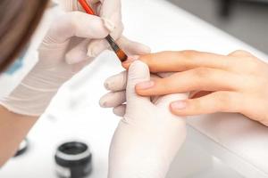 Manicurist covering nails with transparent polish photo