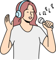 Happy woman singing in microphone png