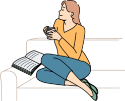 Lycklig flicka sitta på soffa läsning bok dricka kaffe png