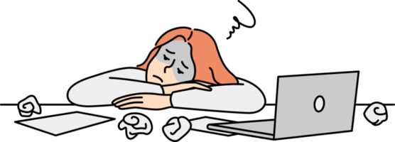 Tired woman employee lying on desk png